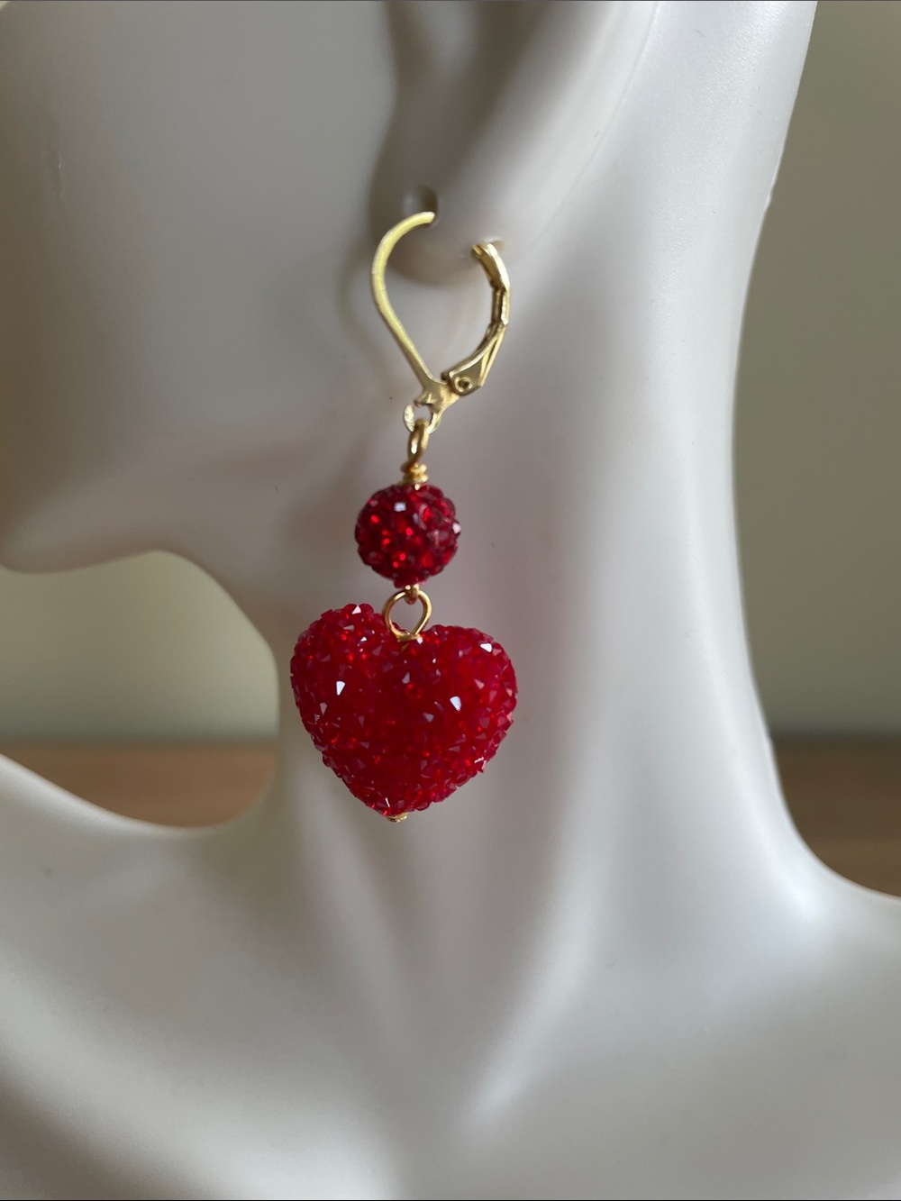 HAND CRAFTED SPARKLY RUBY RED PAVE CRYSTAL HEART DANGLE EARRINGS